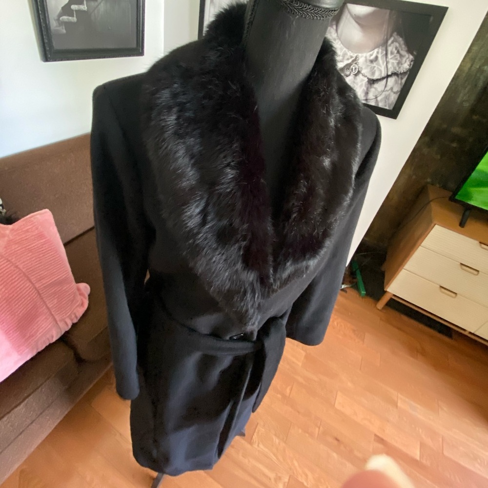 Full Length Rabbit Fur Collar Wool Coat